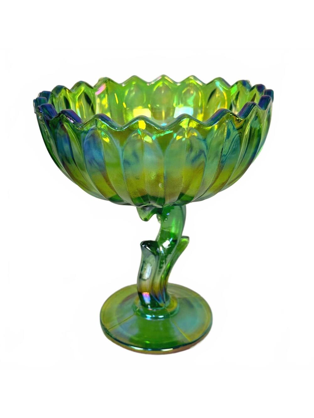 Vintage Indiana Glass Green Carnival Compote Lotus Blossom Ruffled Footed Bowl - Picture 3 of 5